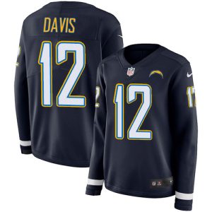 wholesale Chargers #12 Derius Davis Navy Blue Team Color Women's Stitched NFL Limited Therma Long Sleeve Jersey