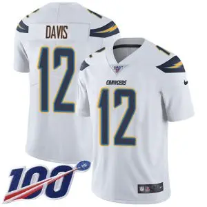 chargers #12 derius davis white men's stitched nfl 100th season vapor limited replica jersey