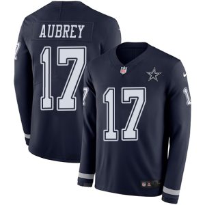 cowboys #17 brandon aubrey navy blue team color men's stitched nfl limited therma long sleeve elite jersey