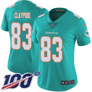 Dolphins #83 Chase Claypool Aqua Green Team Color Women's Stitched NFL 100th Season Vapor Untouchable Limited Jersey