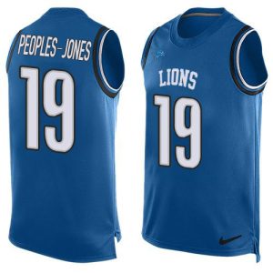 customized Lions #19 Donovan Peoples-Jones Blue Team Color Men's Stitched NFL Limited Tank Top Jersey