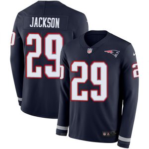 patriots #29 j.c. jackson navy blue team color men's stitched nfl limited therma long sleeve youth jersey