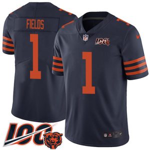 bears #1 justin fields navy blue alternate men's stitched nfl 100th season vapor limited elite jersey