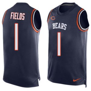 personalized Bears #1 Justin Fields Navy Blue Team Color Men's Stitched NFL Limited Tank Top Jersey