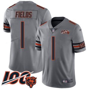 Bears #1 Justin Fields Silver Men's Stitched NFL Limited Inverted Legend 100th Season Jersey