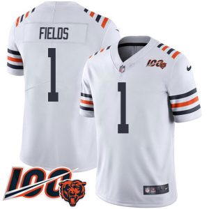 personalized Bears #1 Justin Fields White Alternate Men's Stitched NFL Vapor Untouchable Limited 100th Season Jersey