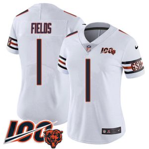 Bears #1 Justin Fields White Alternate Women's Stitched NFL Vapor Untouchable Limited 100th Season Jersey