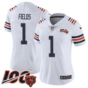 Bears #1 Justin Fields White Women's Stitched NFL 100th Season Vapor Limited Jersey