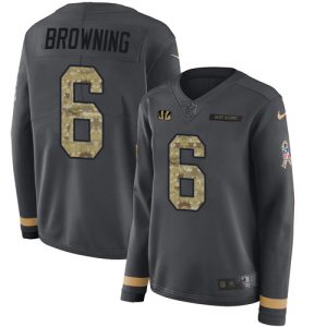 bengals #6 jake browning anthracite salute to service women's stitched nfl limited therma long sleeve personalized jersey