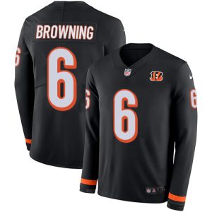 bengals #6 jake browning black team color men's stitched nfl limited therma long sleeve custom jersey