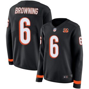 custom Bengals #6 Jake Browning Black Team Color Women's Stitched NFL Limited Therma Long Sleeve Jersey