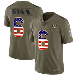 bengals #6 jake browning olive/usa flag men's stitched nfl limited 2017 salute to service youth jersey