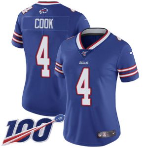 personalized Bills #4 James Cook Royal Blue Team Color Women's Stitched NFL 100th Season Vapor Untouchable Limited Jersey