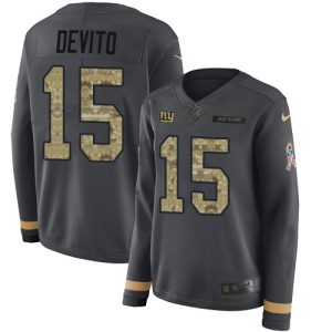 giants #15 tommy devito anthracite salute to service women's stitched nfl limited therma long sleeve replica jersey