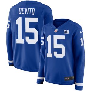 wholesale Giants #15 Tommy DeVito Royal Blue Team Color Women's Stitched NFL Limited Therma Long Sleeve Jersey