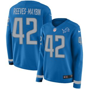 wholesale Lions #42 Jalen Reeves-Maybin Blue Team Color Women's Stitched NFL Limited Therma Long Sleeve Jersey