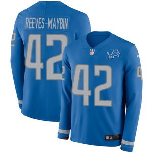 custom Lions #42 Jalen Reeves-Maybin Blue Team Color Youth Stitched NFL Limited Therma Long Sleeve Jersey