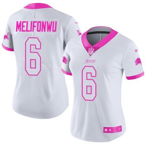 youth Lions #6 Ifeatu Melifonwu White/Pink Women's Stitched NFL Limited Rush Fashion Jersey