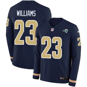 rams #23 kyren williams navy blue team color men's stitched nfl limited therma long sleeve custom jersey