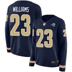 Rams #23 Kyren Williams Navy Blue Team Color Women's Stitched NFL Limited Therma Long Sleeve Jersey