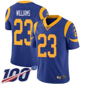 rams #23 kyren williams royal blue alternate men's stitched nfl 100th season vapor limited wholesale jersey