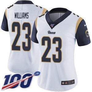 rams #23 kyren williams white women's stitched nfl 100th season vapor untouchable limited authentic jersey