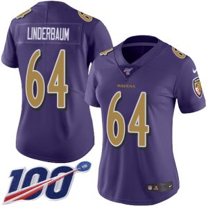 limited Ravens #64 Tyler Linderbaum Purple Women's Stitched NFL Limited Rush 100th Season Jersey