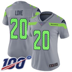 authentic Seahawks #20 Julian Love Gray Women's Stitched NFL Limited Inverted Legend 100th Season Jersey