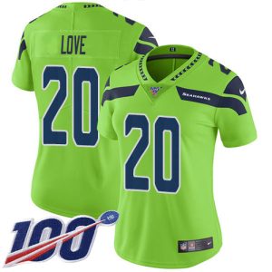 personalized Seahawks #20 Julian Love Green Women's Stitched NFL Limited Rush 100th Season Jersey