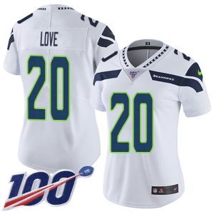 cheap Seahawks #20 Julian Love White Women's Stitched NFL 100th Season Vapor Limited Jersey