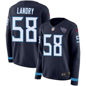 customized Titans #58 Harold Landry Navy Blue Team Color Women's Stitched NFL Limited Therma Long Sleeve Jersey