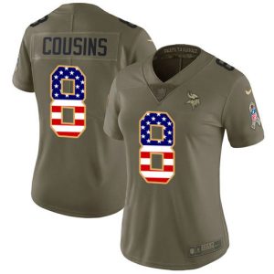 personalized Vikings #8 Kirk Cousins Olive/USA Flag Women's Stitched NFL Limited 2017 Salute To Service Jersey