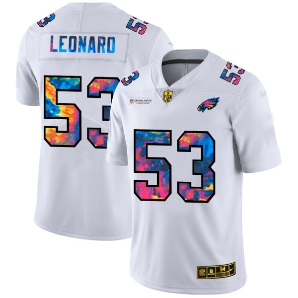 personalized Philadelphia Eagles #53 Shaquille Leonard Men's White Multi-Color 2020 NFL Crucial Catch Limited NFL Jersey